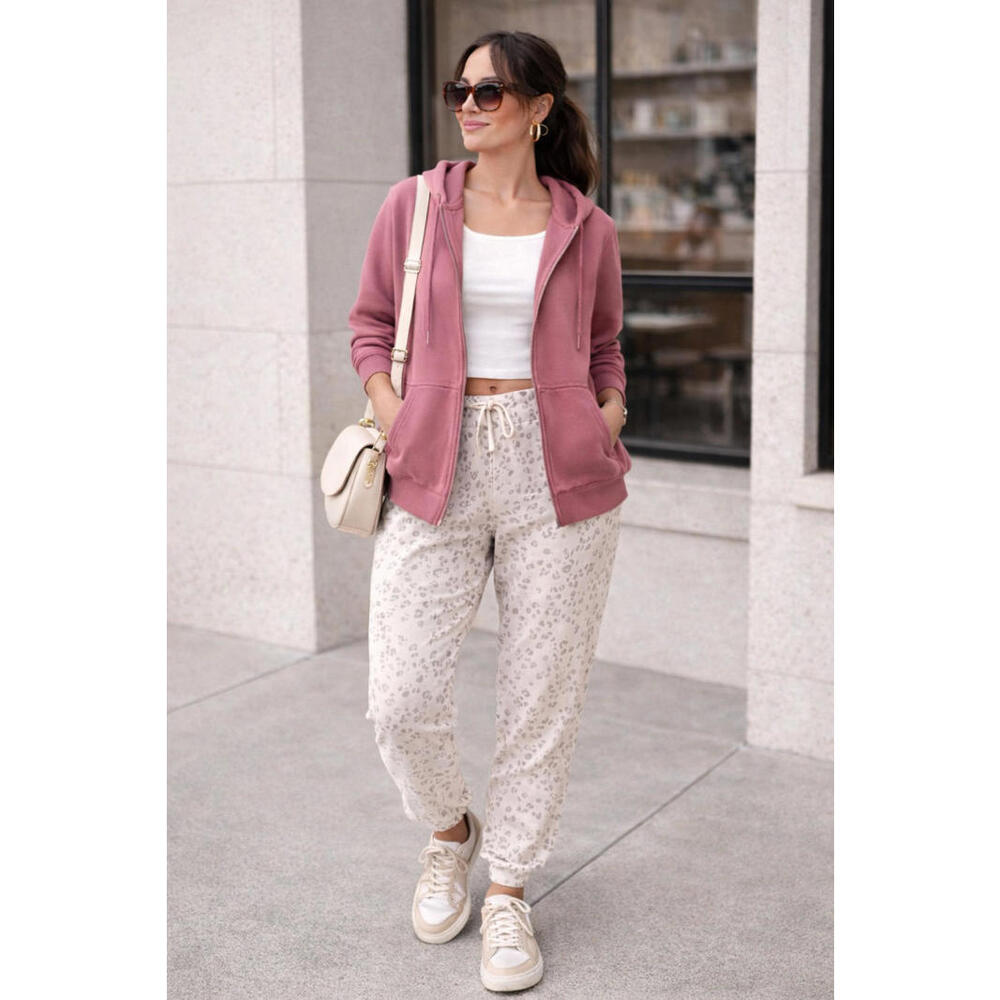 Pink Rose Hoodie + Hippie Rosé Leopard Jogger Set S NWT Mauve Gray - A5